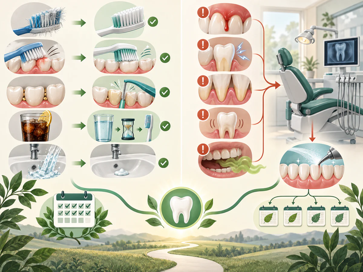 Corrections replace a worn brush, heavy pressure, missed interdental care and immediate brushing after acid; persistent bleeding, sensitivity, recession, mobility or bad breath lead to dental assessment.