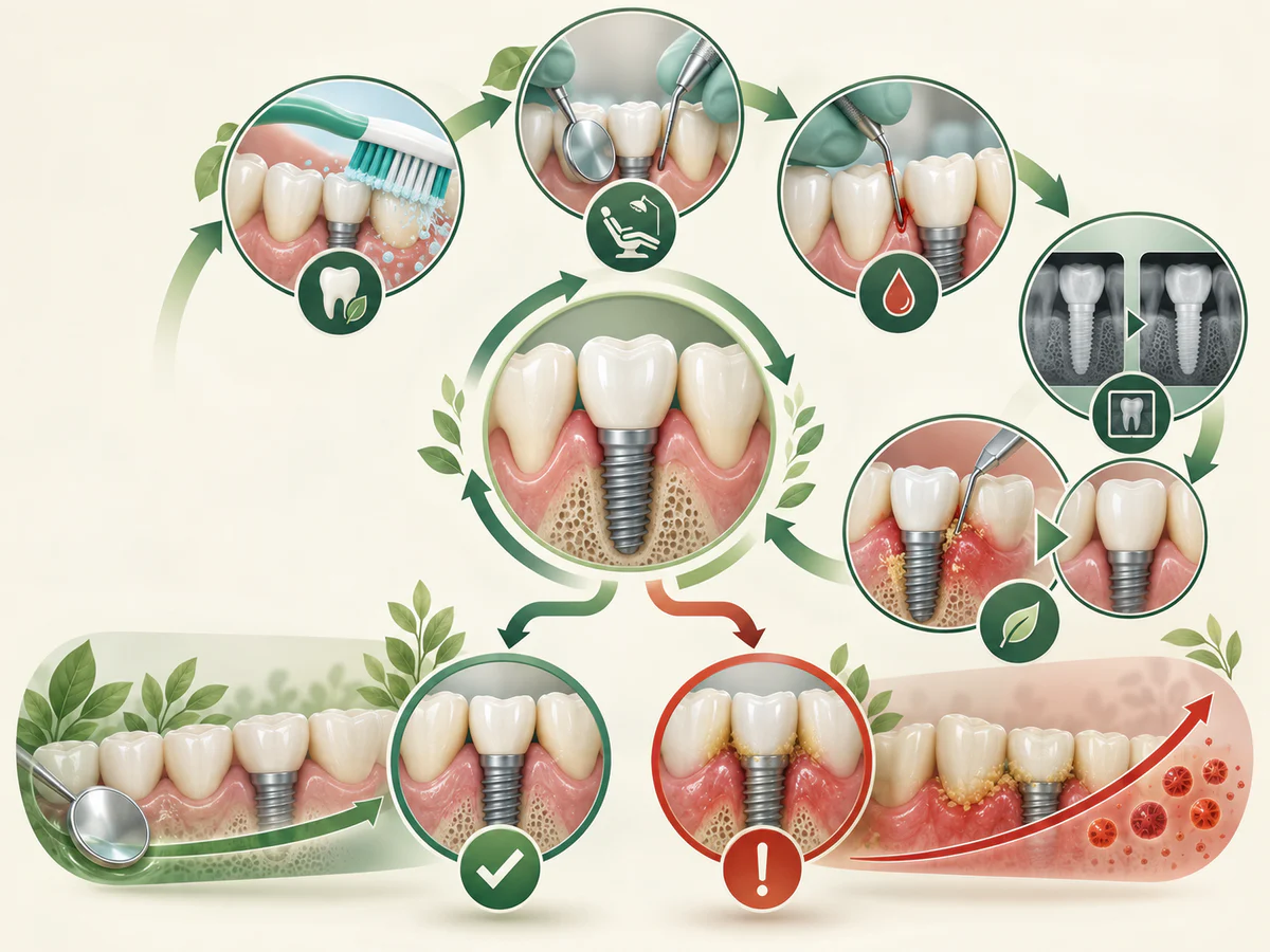 Une boucle associe nettoyage quotidien autour des dents et de l’implant, visite avec sondage, comparaison radiographique et traitement précoce ; les rendez-vous suivis contrastent avec plaque et inflammation croissantes.