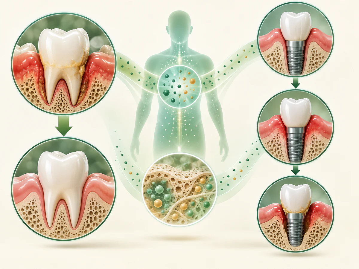 Une dent autrefois atteinte puis stabilisée et un implant sain sont reliés par le terrain du patient ; autour de l’implant, la plaque peut conduire d’une mucosite sans perte osseuse à une péri-implantite.