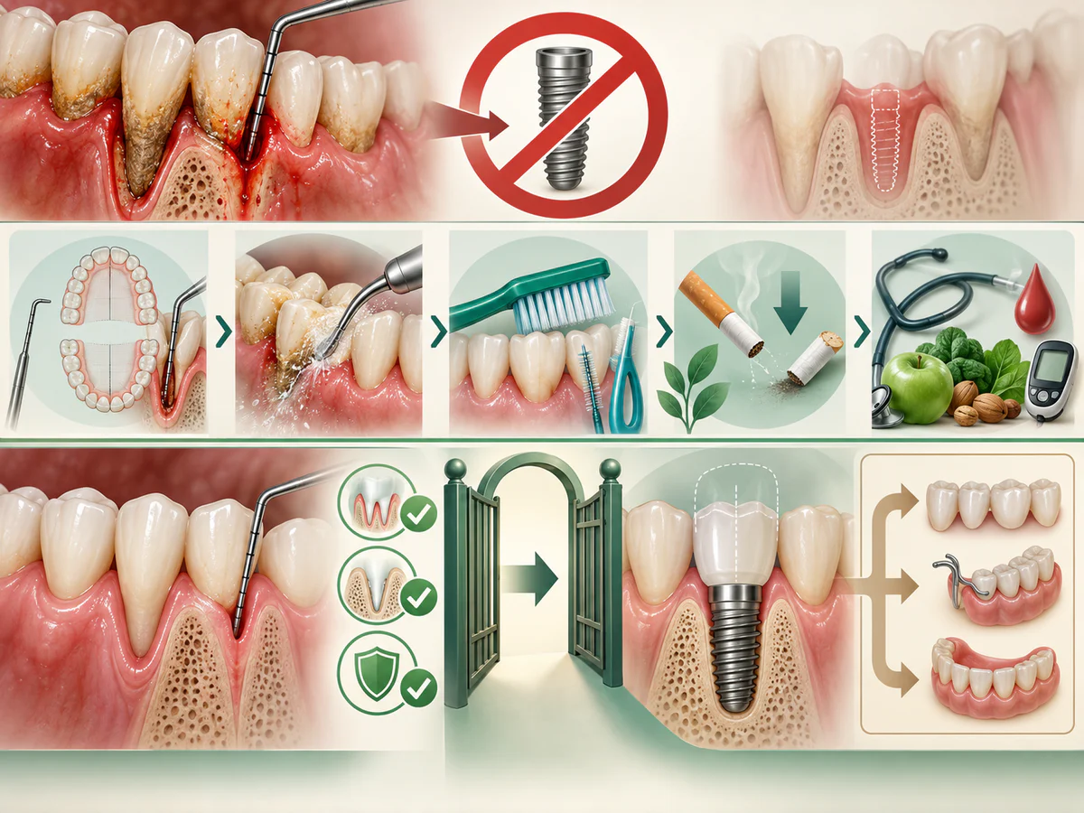 La pose d’implant reste fermée devant inflammation, poches, plaque et saignement ; bilan, nettoyage professionnel, hygiène, réduction du tabac et réévaluation ouvrent le passage si la maladie est stabilisée.