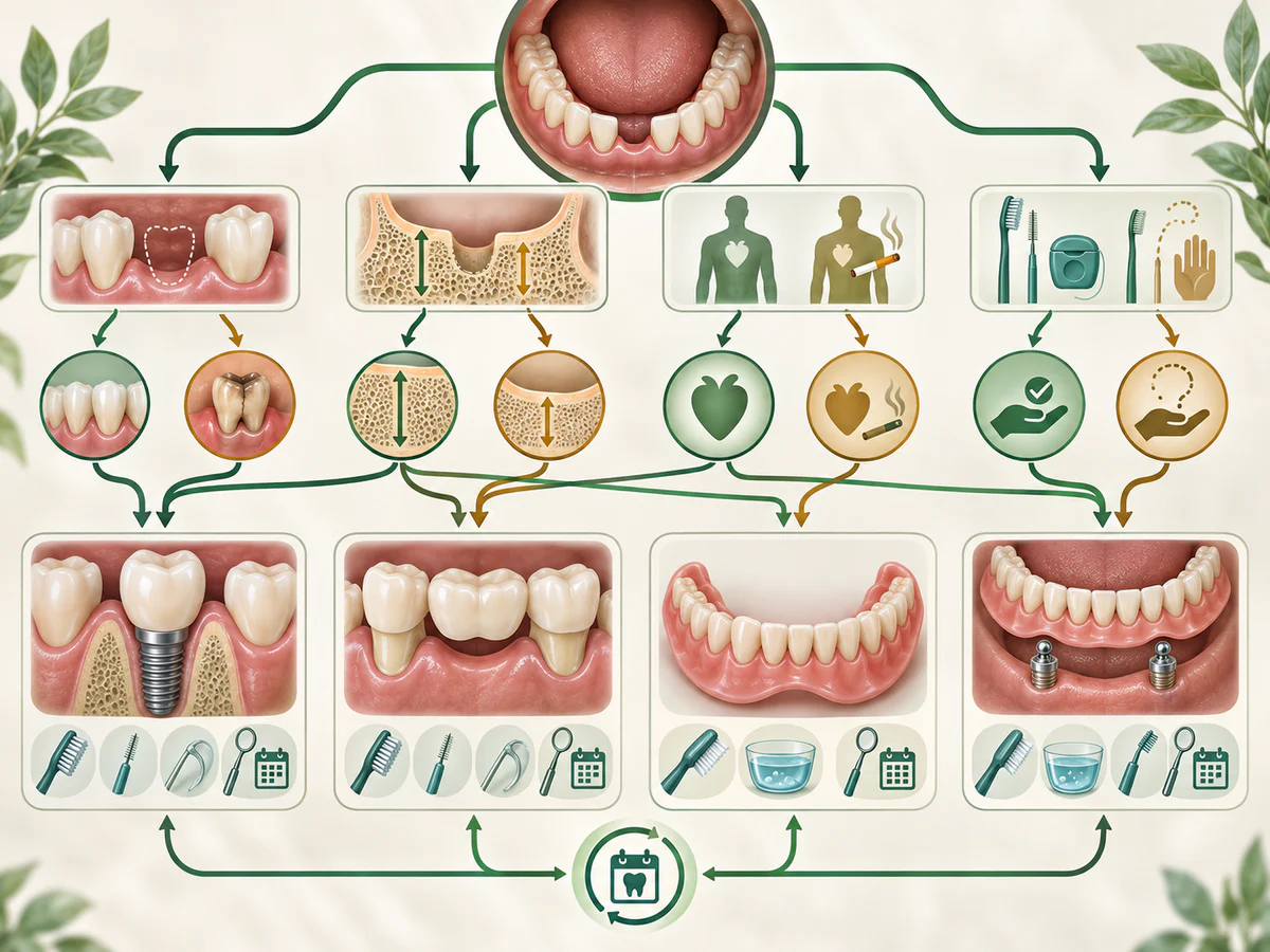 Der untersuchte Mund durchläuft Nachbarzahnstatus, Knochenvolumen, Gesundheit und Rauchen sowie Pflegefähigkeit, bevor Implantat, Brücke, Prothese oder Implantat-Overdenture folgen.