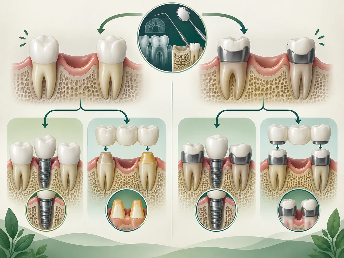Bei zwei intakten Nachbarzähnen vermeidet das Implantat deren Präparation, die Brücke benötigt sie; brauchen sie ohnehin Kronen, ändert sich der biologische Preis der Brücke.