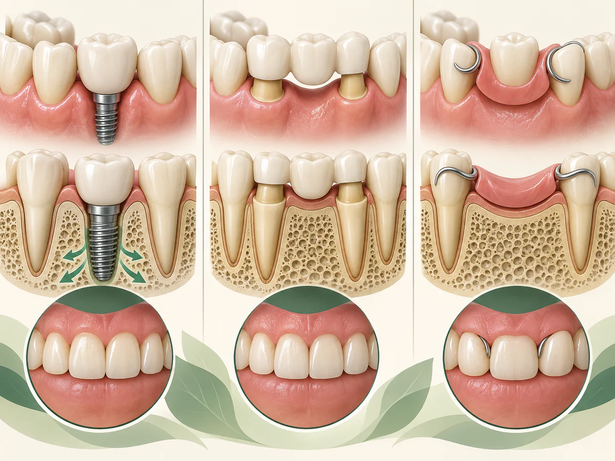 Drei gleiche Felder zeigen Implantatkrone mit geschonten Nachbarzähnen, Brücke auf zwei präparierten Zähnen und herausnehmbare Teilprothese mit Klammern.