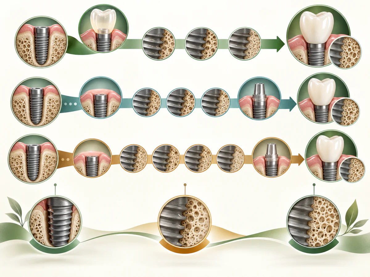 Three lines begin with the same implant: a protected provisional is connected quickly, another after initial healing, and the third waits for more mature osseointegration before the crown.