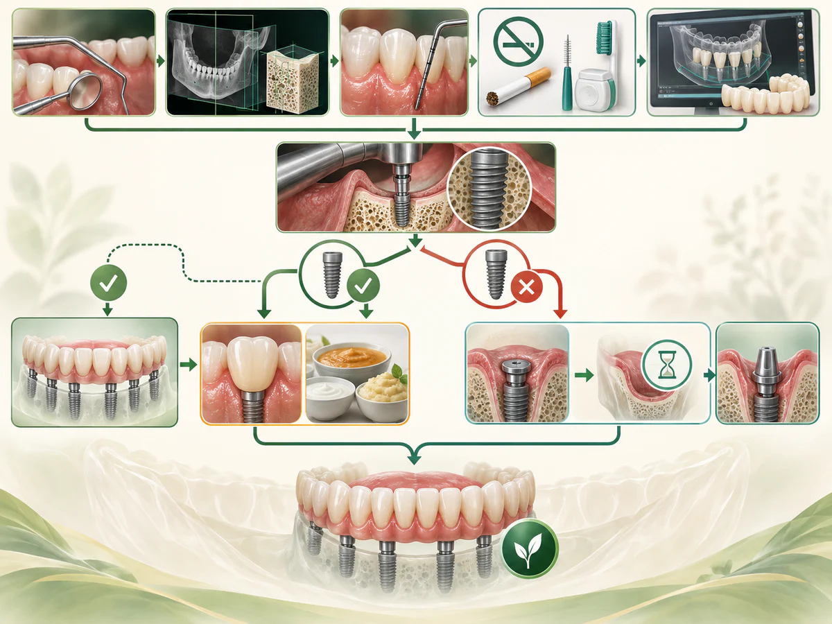 After examination, imaging, periodontal health and planning, stability measured during placement leads either to a protected provisional and soft diet or unloaded healing before the prosthesis.