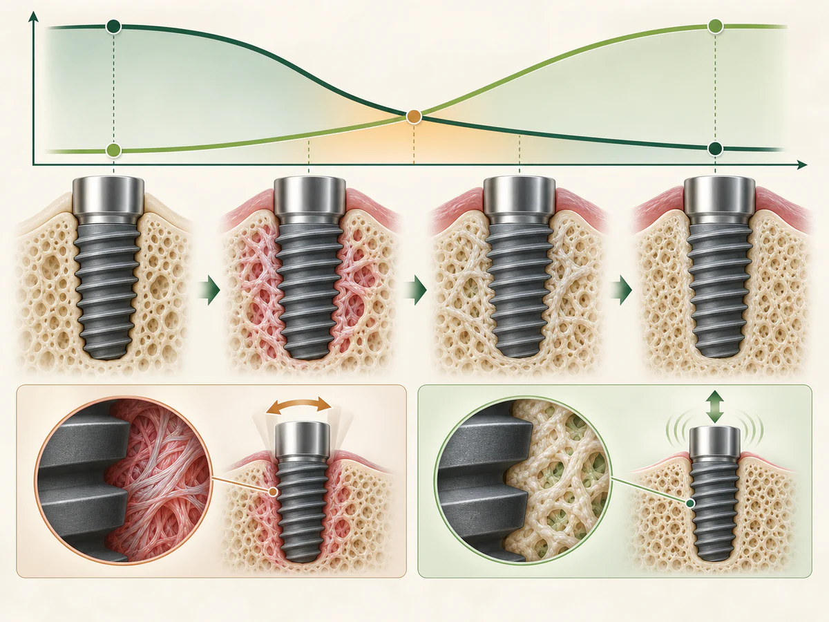 High mechanical stability at insertion decreases while biological stability rises; their crossover creates a vulnerable window where excessive micromovement can form fibrous tissue.