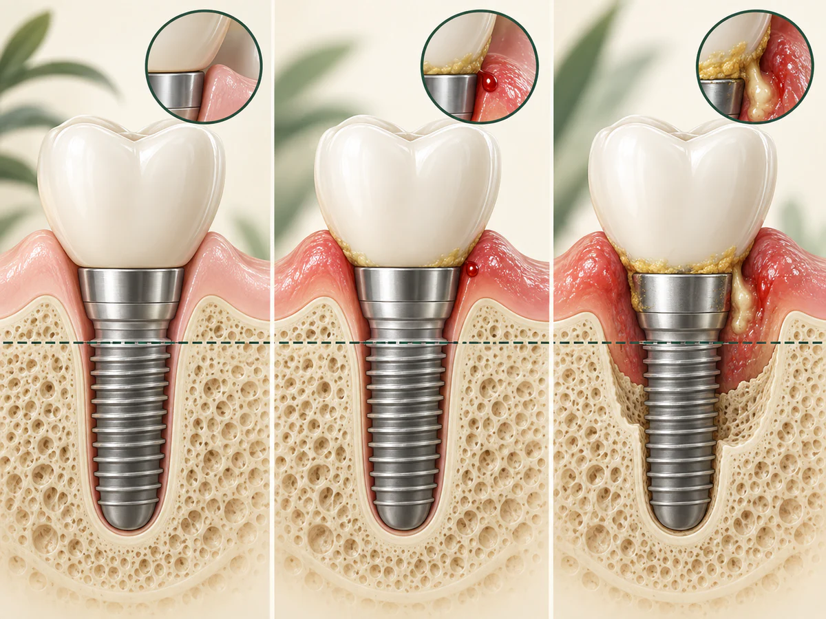Drei Implantate zeigen gesundes Gewebe, rote blutende Mukositis bei stabilem Knochen und Periimplantitis mit Tasche, leichter Suppuration und Knochenverlust unter der Ausgangslinie.