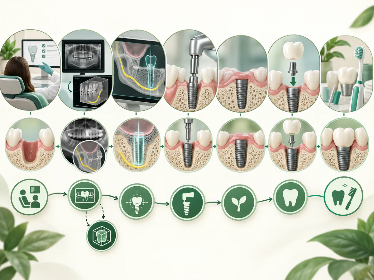 Ein visueller Weg verbindet Beratung, passende Bildgebung, dreidimensionale Planung, Implantation, Knochenheilung, Krone sowie Hygiene und Nachsorge.