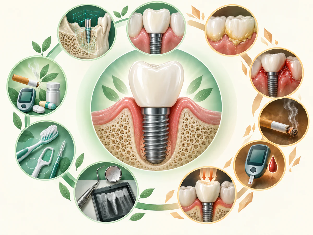 Um ein gesundes Implantat verbindet der günstige Kreis Knochen und Position, stabiles Zahnfleisch, Hygiene und Kontrollen; Plaque, Entzündung, Rauchen, schlechte Blutzuckerkontrolle und Überlastung erhöhen das Risiko.