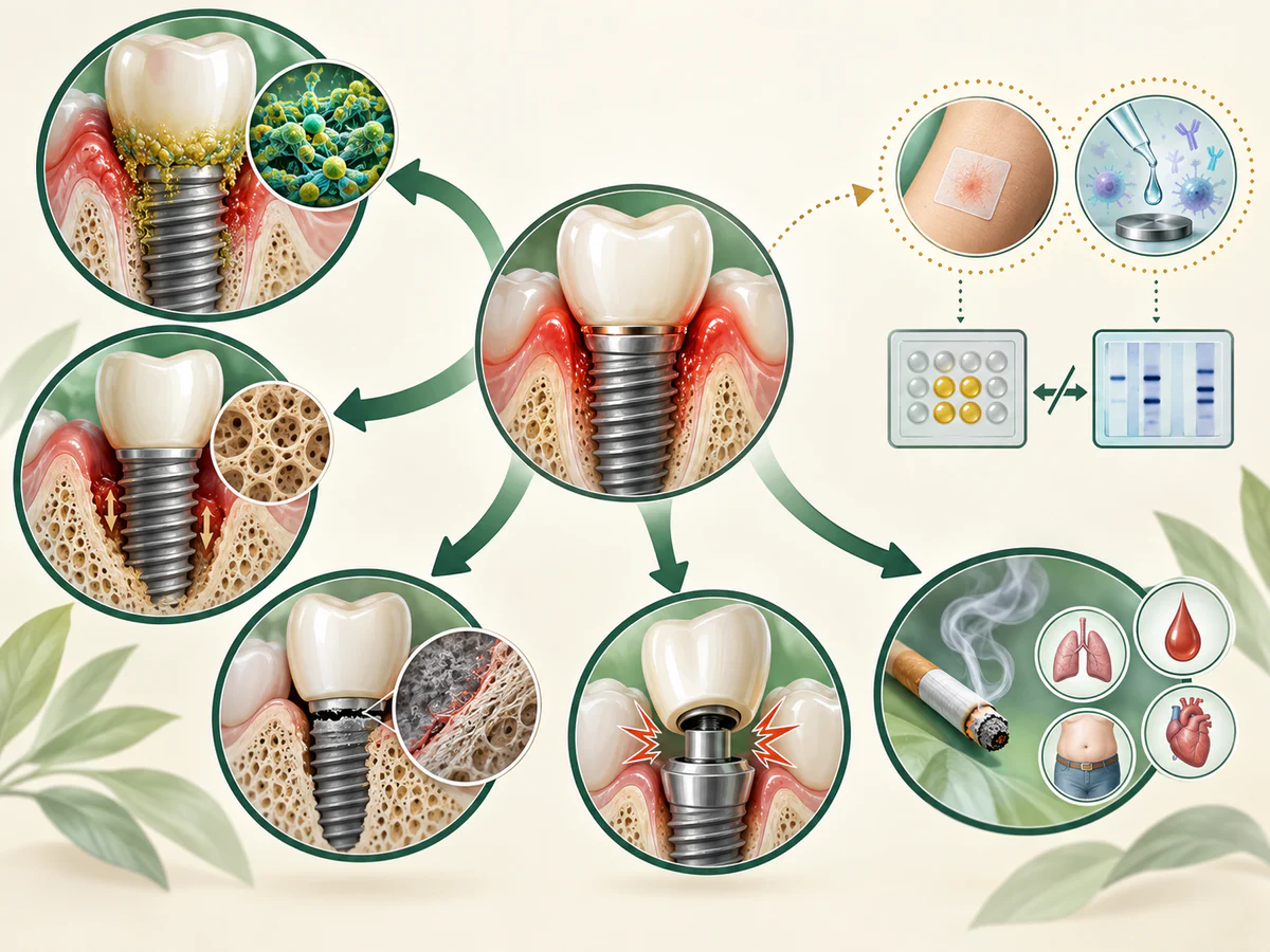 Ein symptomatisches Implantat führt zunächst zu Plaque und Periimplantitis, fehlender Osseointegration, Überlastung oder lockerem Teil und Allgemeinfaktoren; ein kleiner Ast prüft Überempfindlichkeit mit uneinheitlichen Tests.