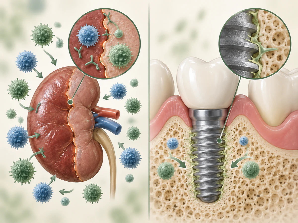 Die Immunreaktion um ein transplantiertes Organ wird von der Integration einer Titanschraube getrennt, an deren Oberfläche sich Knochen ohne Spendergewebe bildet.