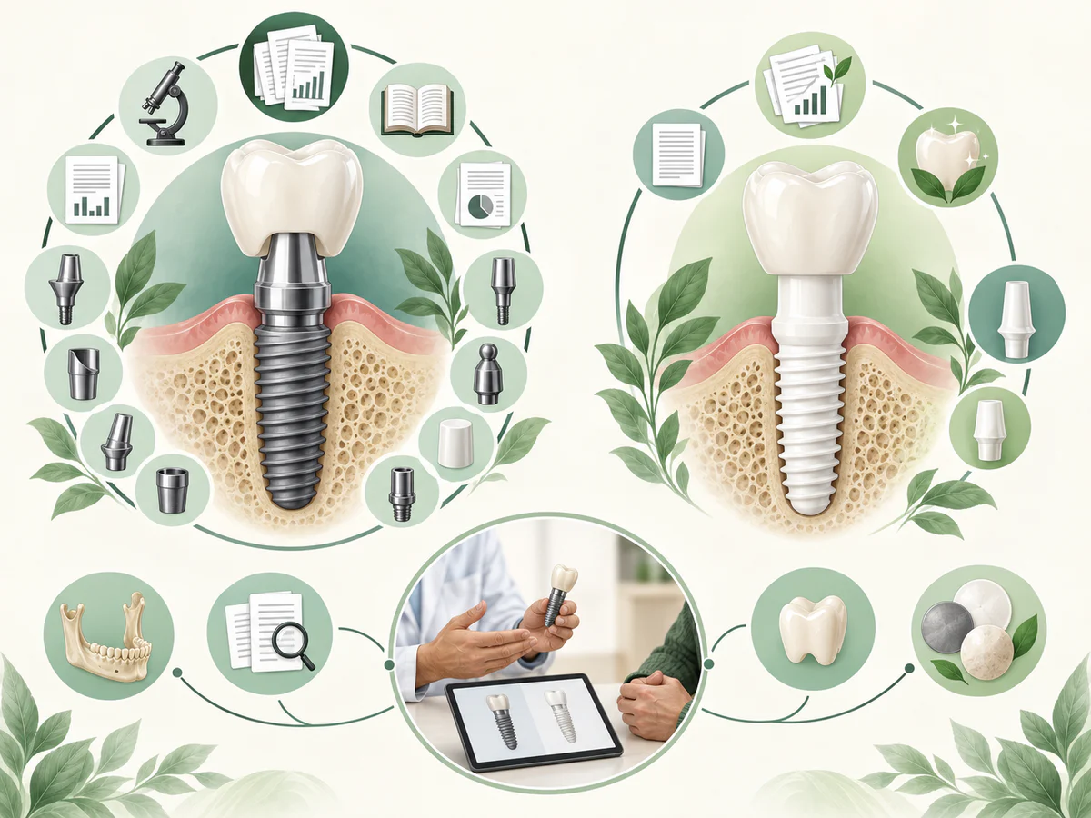 Ein modulares Titanimplantat mit vielen Forschungsmarkern wird einem weißen Zirkonimplantat mit jüngerer Evidenz und weniger Konfigurationen gegenübergestellt; beide führen zur gemeinsamen Entscheidung.