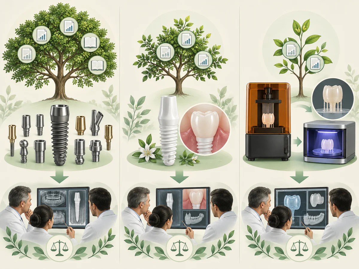 Trois colonnes comparent le grand arbre de preuves et les nombreux composants du titane, l’arbre plus jeune de la zircone et les résines imprimées avec lavage, post-polymérisation et contrôle.