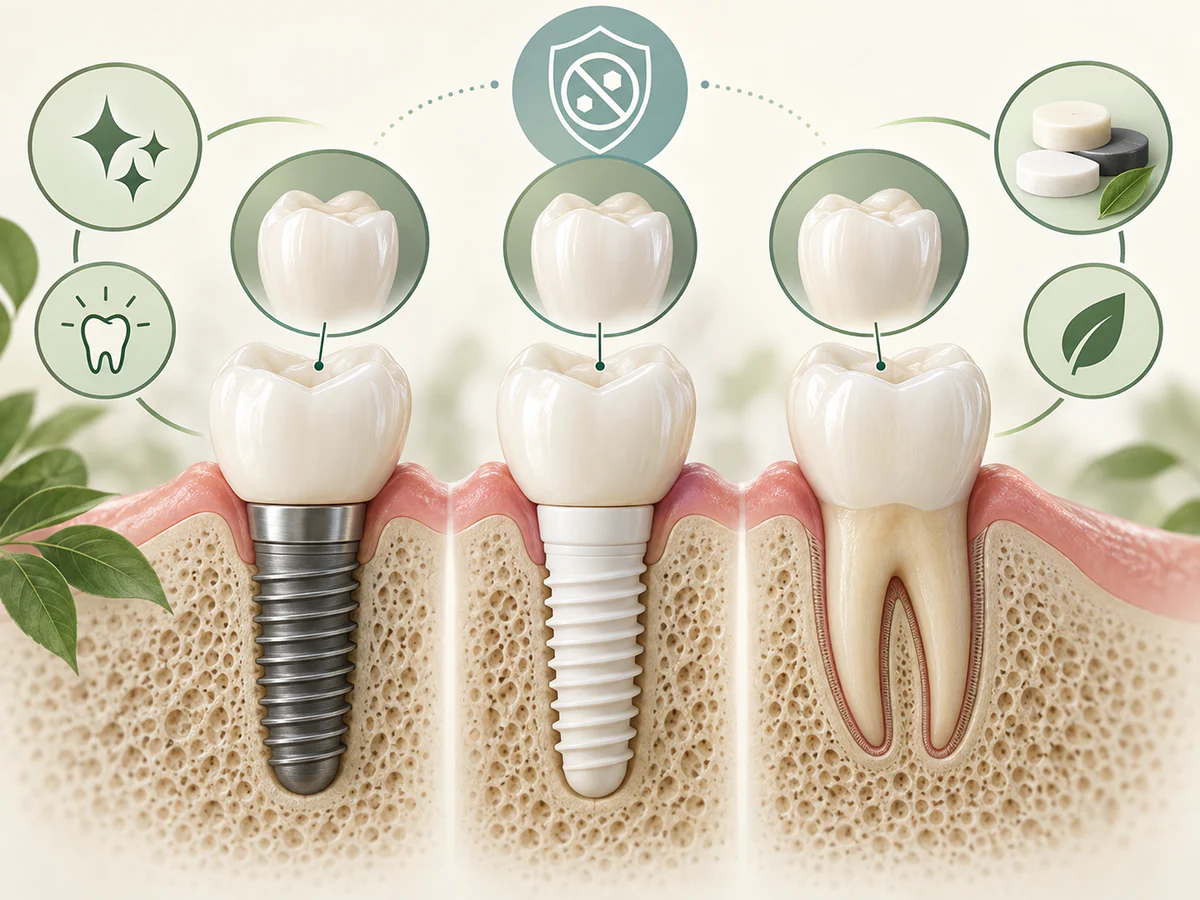 Trois coupes distinguent une couronne céramique sur implant en titane, un implant blanc en zircone et une couronne céramique sur dent naturelle, montrant que la partie visible peut déjà être sans métal.