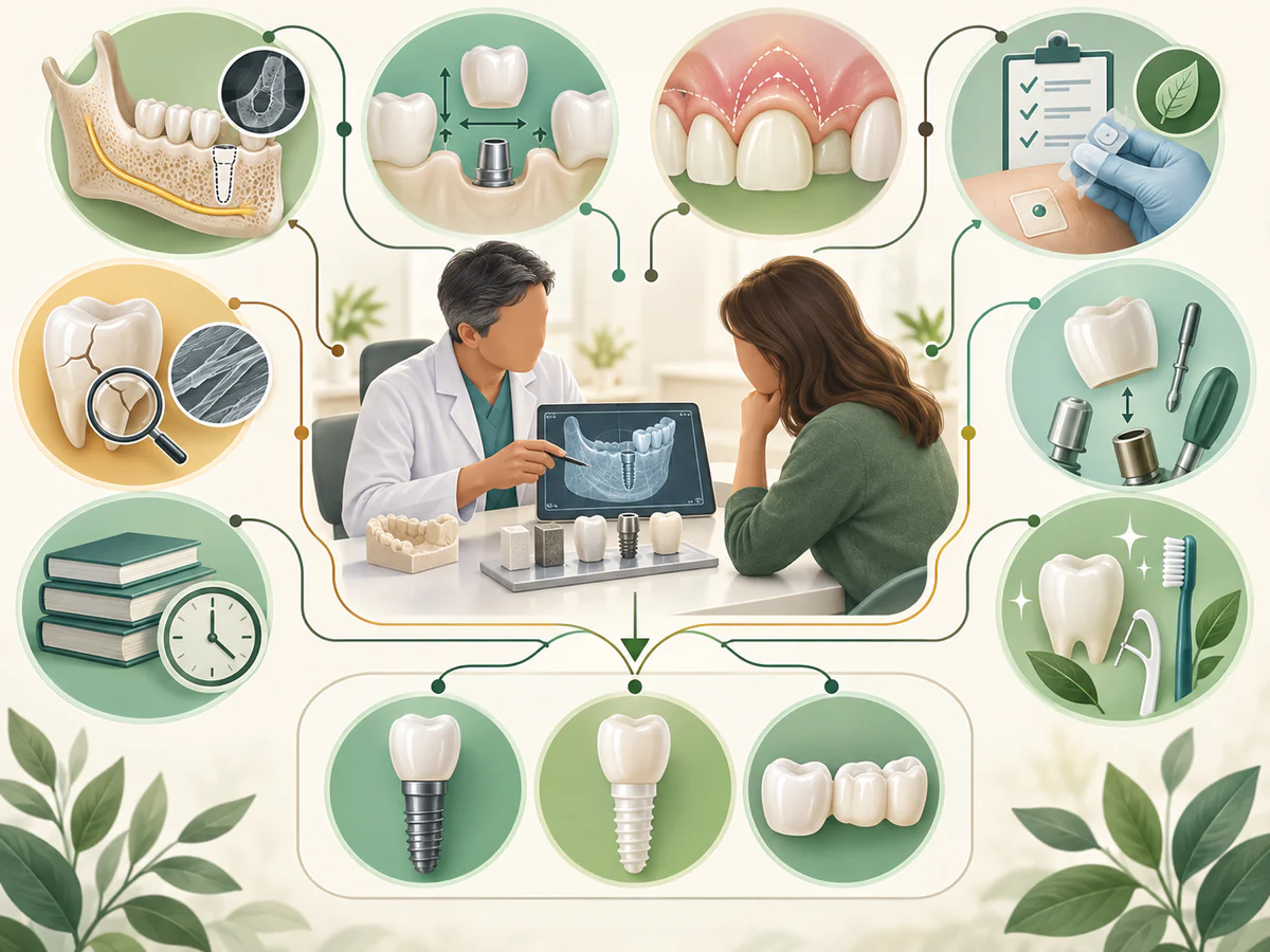 Dentiste et patiente relient le plan osseux, l’espace prothétique, l’esthétique gingivale, la résistance, les tests incertains, le recul scientifique, la réparabilité et l’hygiène à trois solutions possibles.