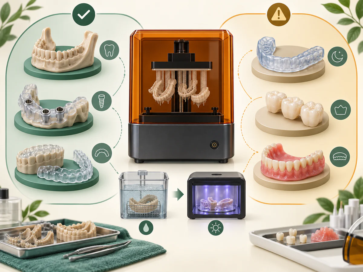 Autour d’une imprimante résine apparaissent modèle de mâchoire, guide implantaire, modèle orthodontique et gouttière, protection nocturne, provisoire et base de prothèse, avec lavage et post-polymérisation.