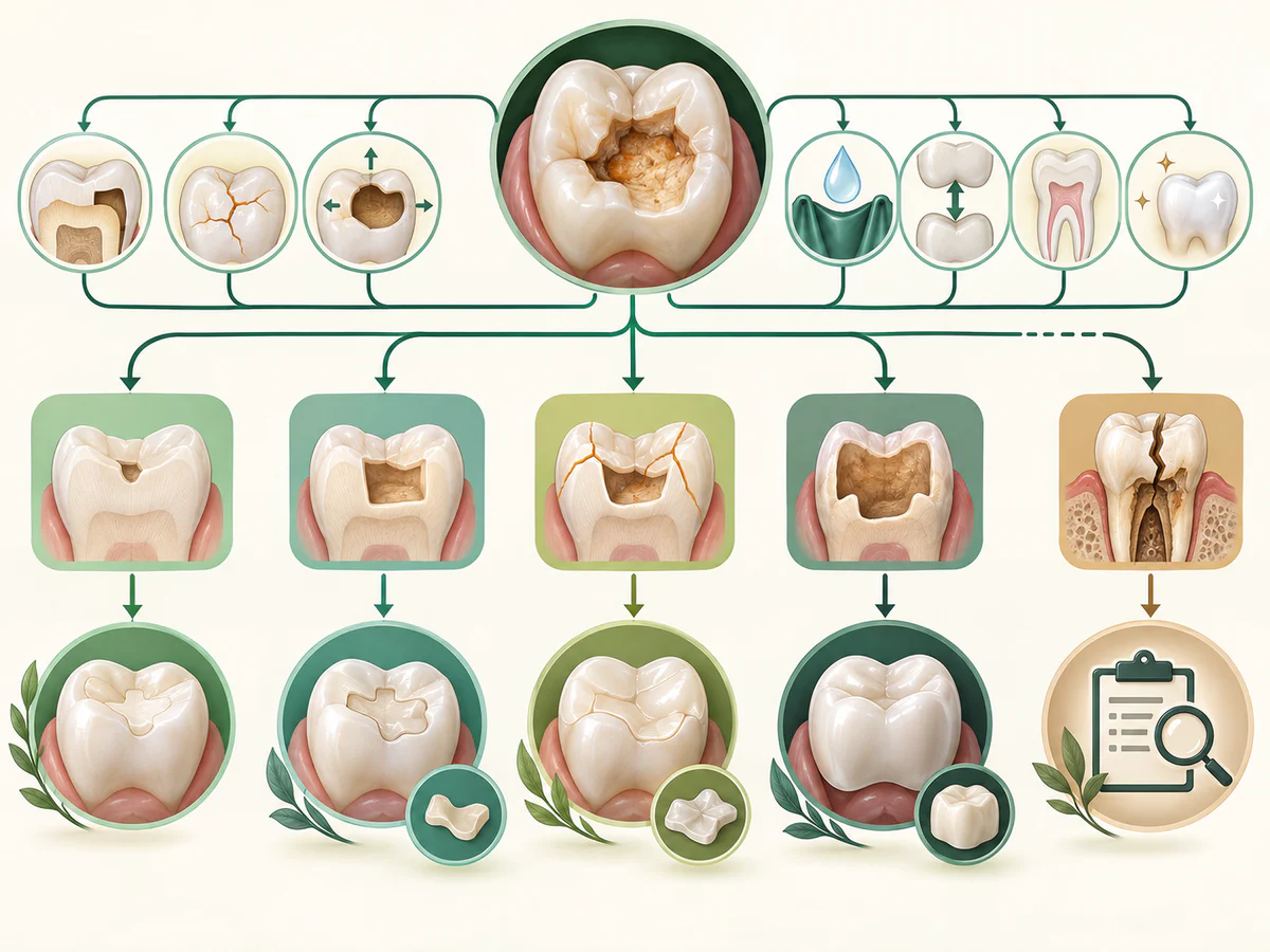 Une molaire après nettoyage se ramifie selon parois restantes, fissures, cuspides, humidité, morsure et traitement endodontique vers composite, inlay, onlay ou couronne, tandis qu’une dent non restaurable repart au bilan.