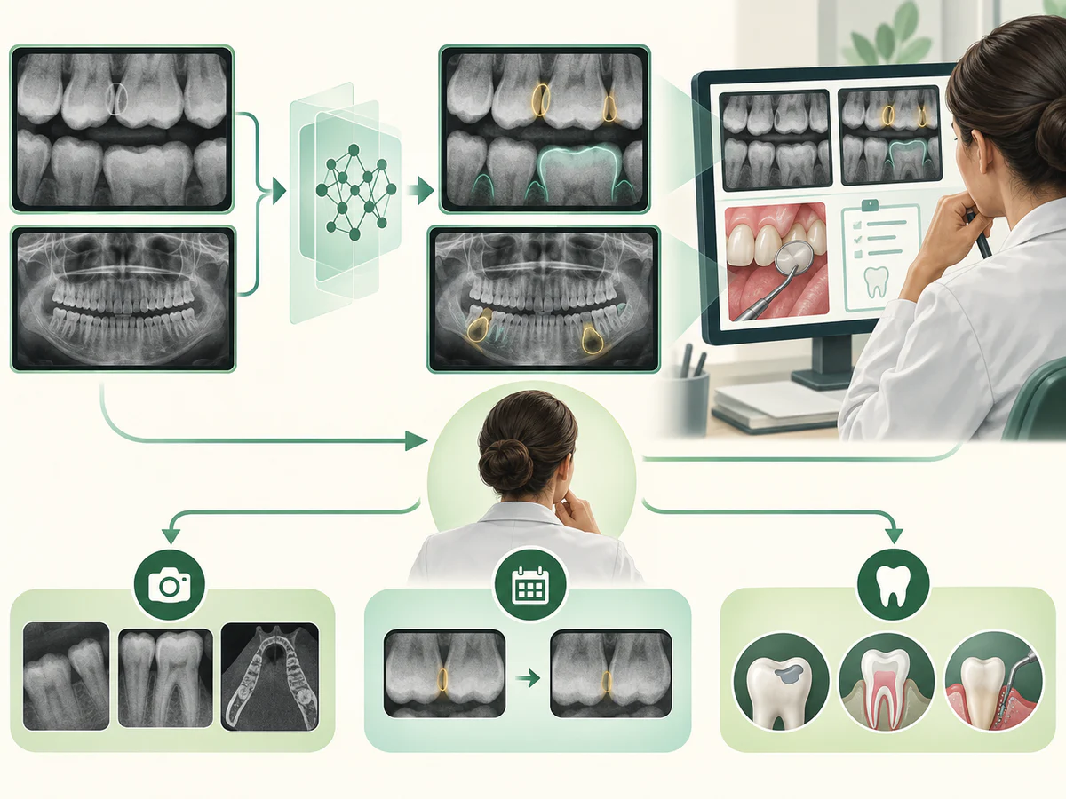 Des radiographies passent par un logiciel qui surligne des zones possibles, puis la dentiste confronte image originale, suggestions, examen clinique et historique avant de surveiller, compléter le bilan ou traiter.