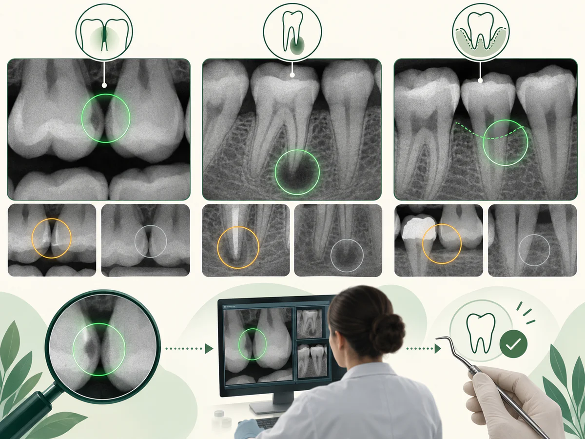 Trois séries radiographiques illustrent carie entre les dents, lésion à l’apex et perte osseuse, chacune avec zone correctement repérée, faux signal lié à un chevauchement et anomalie discrète manquée, puis vérification humaine.