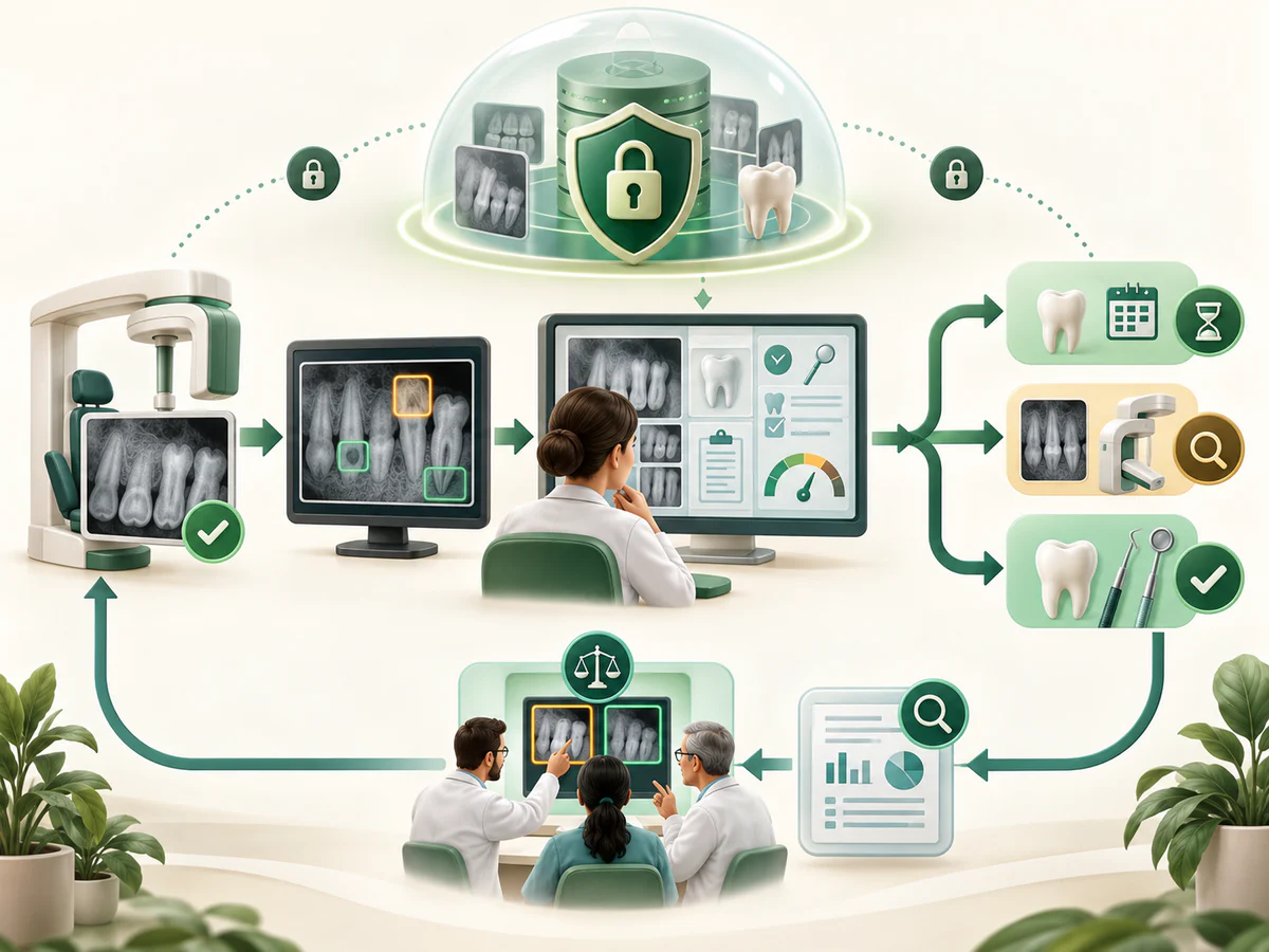 Le parcours sécurisé enchaîne acquisition contrôlée, marquage algorithmique et décision humaine fondée sur symptômes, examen, anciens clichés et probabilité, puis surveillance, image ciblée ou soin, avec audit et données protégées.