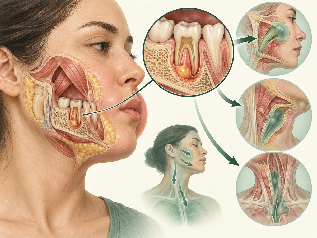 Illustration dentaire pédagogique montrant la propagation possible d’une infection dentaire de la racine vers les espaces de la joue et du cou.