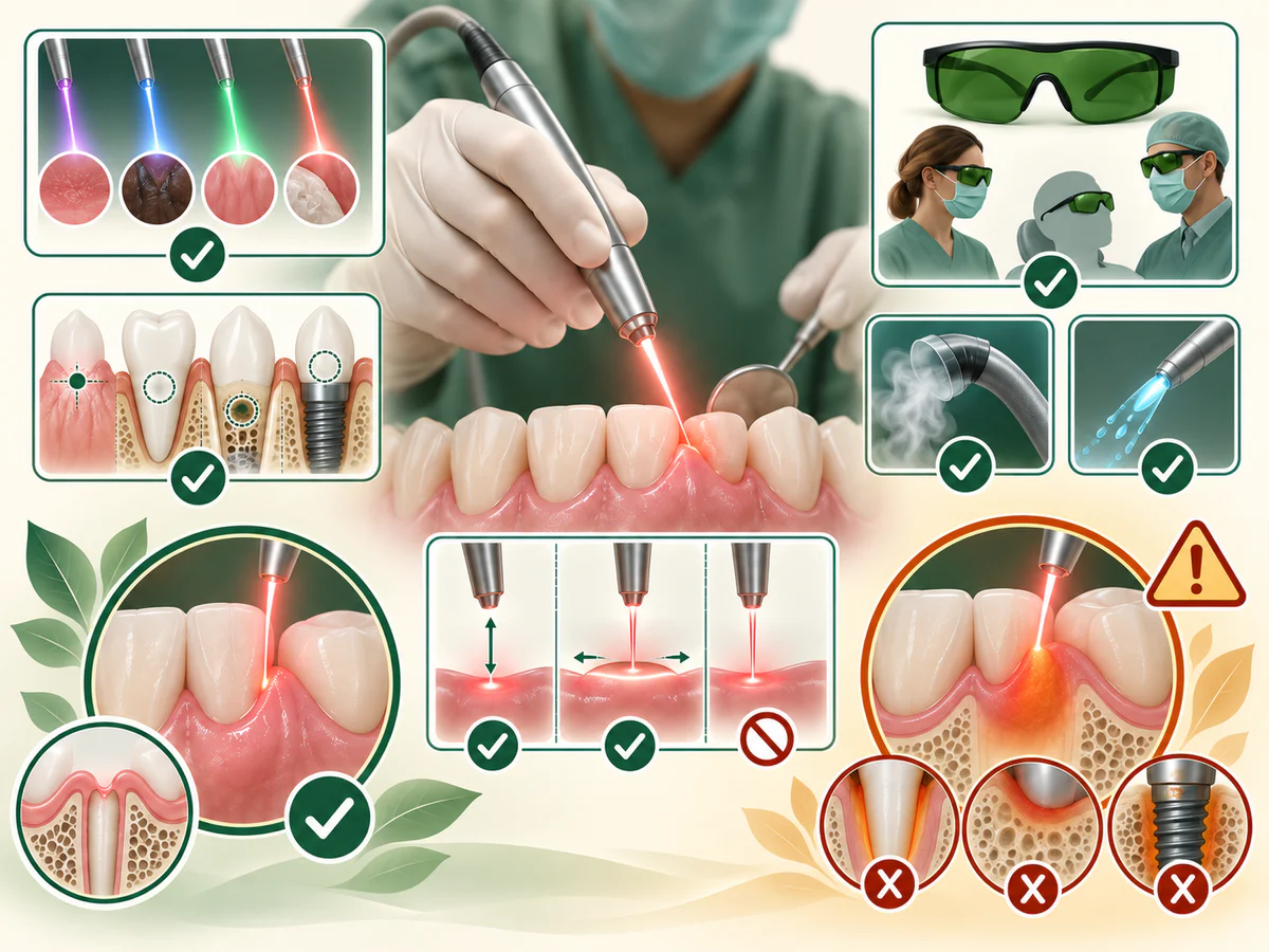 Autour d’un laser réglé apparaissent choix du tissu et de la longueur d’onde, lunettes, aspiration, refroidissement, distance et mouvement ; un halo orange sobre montre la chaleur excessive vers racine, os ou implant.