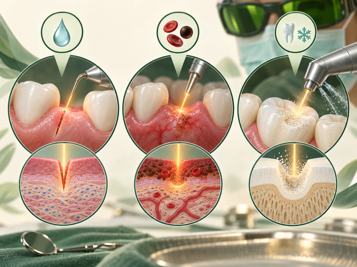 Trois vignettes montrent l’énergie laser absorbée par l’eau des tissus mous, par pigments et sang pour l’hémostase, ou par tissu dentaire avec refroidissement, chaque interaction gardant une zone thermique limitée.