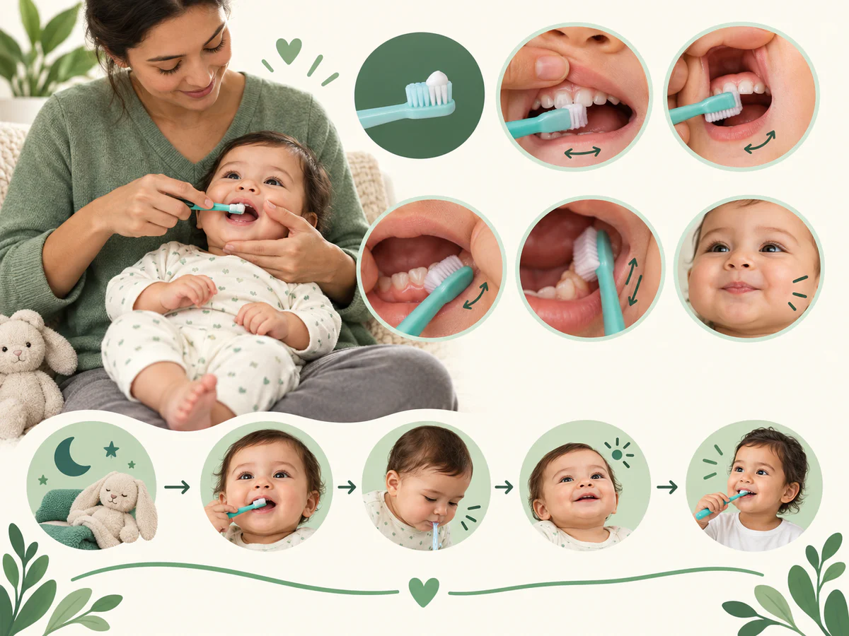 Bébé tête soutenue pendant que le parent soulève la lèvre et brosse doucement faces externes, internes et dessus avec petite brosse et trace de dentifrice, puis routine apaisante.
