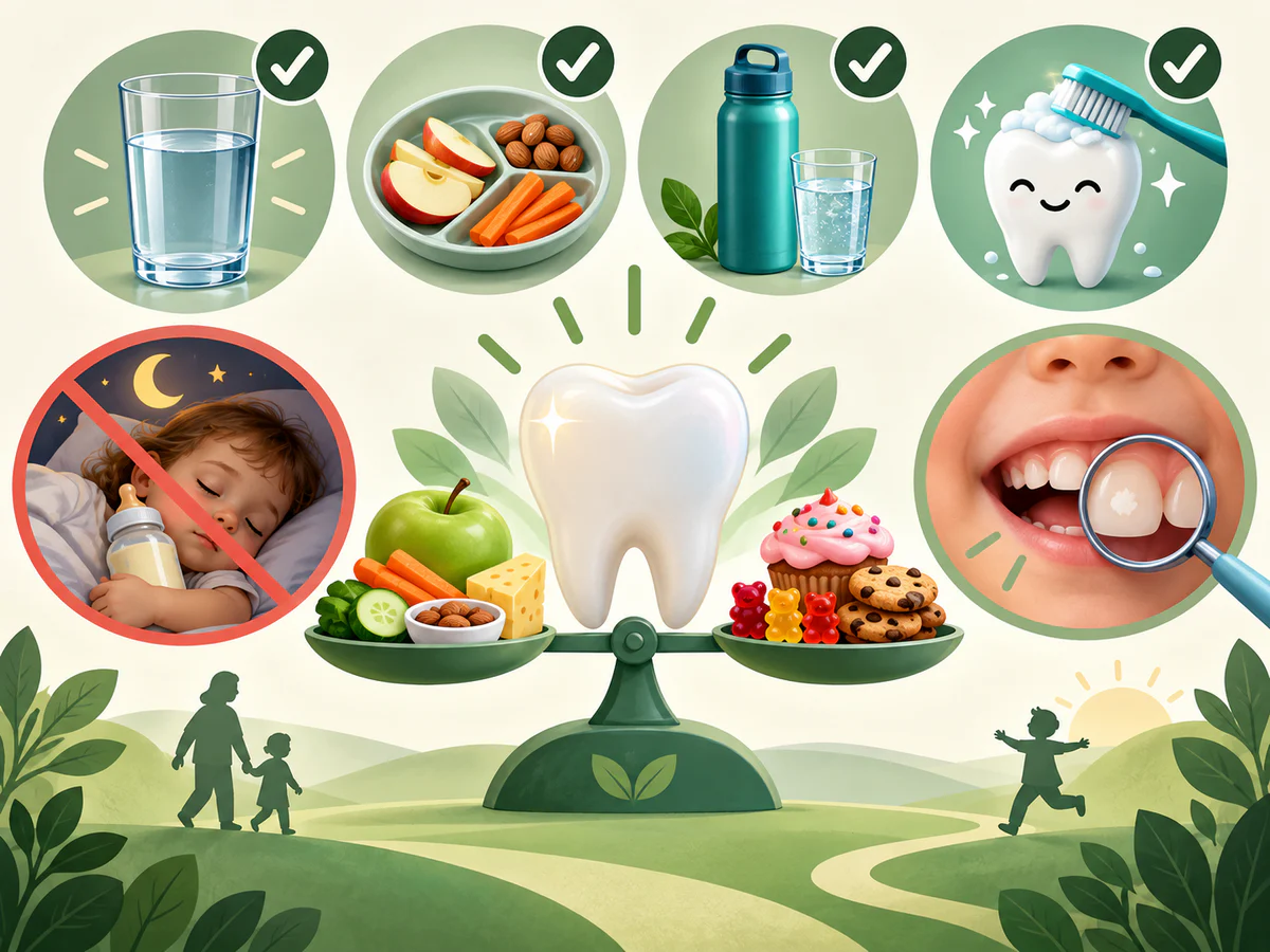 Eau, repas structurés, boissons non sucrées, brossage fluoré, absence de biberon sucré au lit et contrôle précoce des taches blanches.