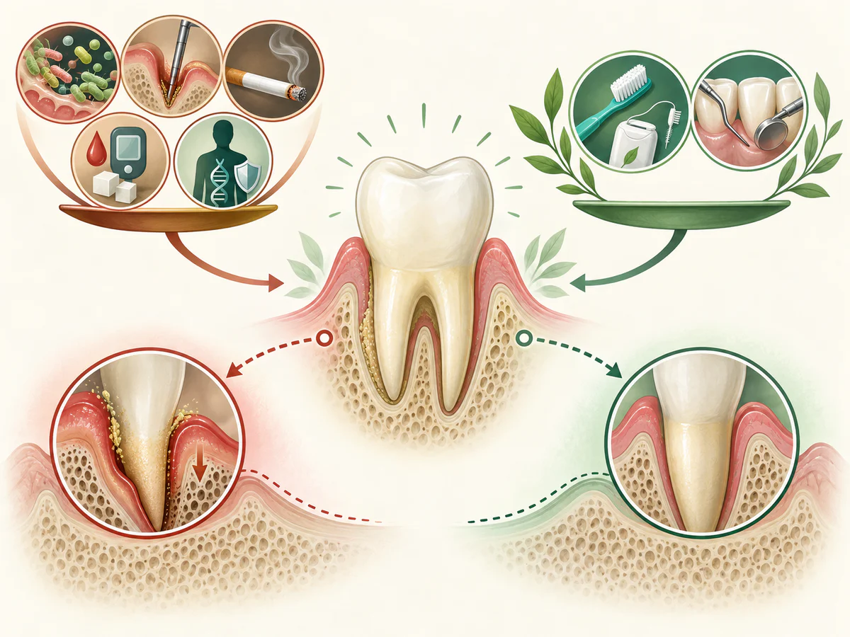 Une dent stabilisée reste au centre d’une balance : plaque, sites profonds, tabac, diabète et susceptibilité mènent vers inflammation et perte osseuse, tandis qu’hygiène et maintenance soutiennent la stabilité.