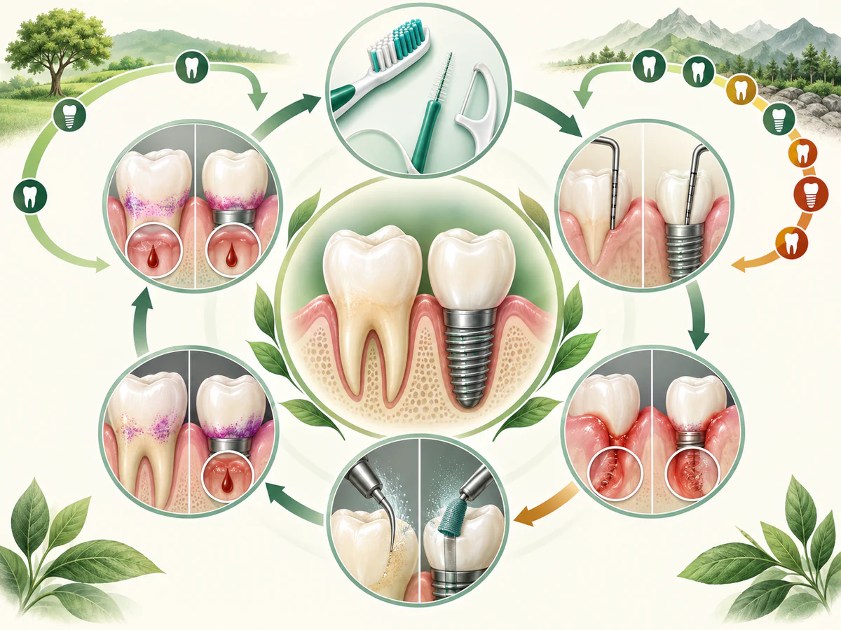 Une dent et un implant partagent une boucle d’hygiène, sondage, saignement, comparaison osseuse, débridement adapté et traitement précoce ; les repères de visite se resserrent quand le risque augmente.