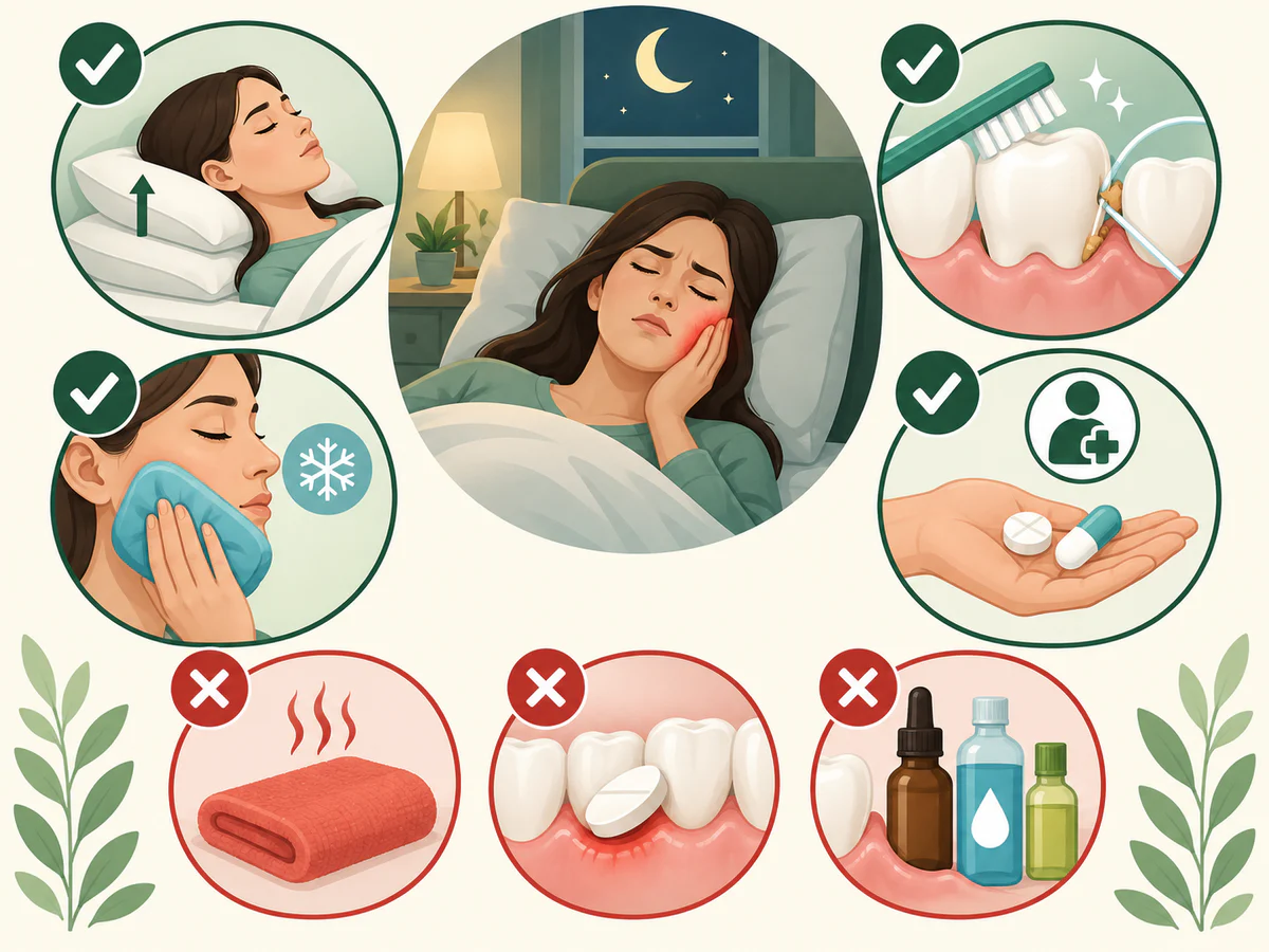 Tête surélevée, nettoyage doux, fil si aliment coincé, compresse froide externe et médicament conforme à sa notice, face à chaleur et produits posés sur la gencive.