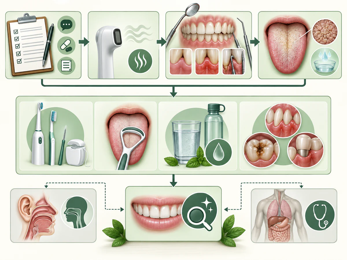 Der Weg verbindet Anamnese und Medikamente, Geruchsprüfung, Zahn- und Parodontaluntersuchung, Zunge und Speichel, dann Bürsten, Interdental- und Zungenreinigung, Hydration und gezielte Therapie vor Neubewertung oder Medizinabklärung.