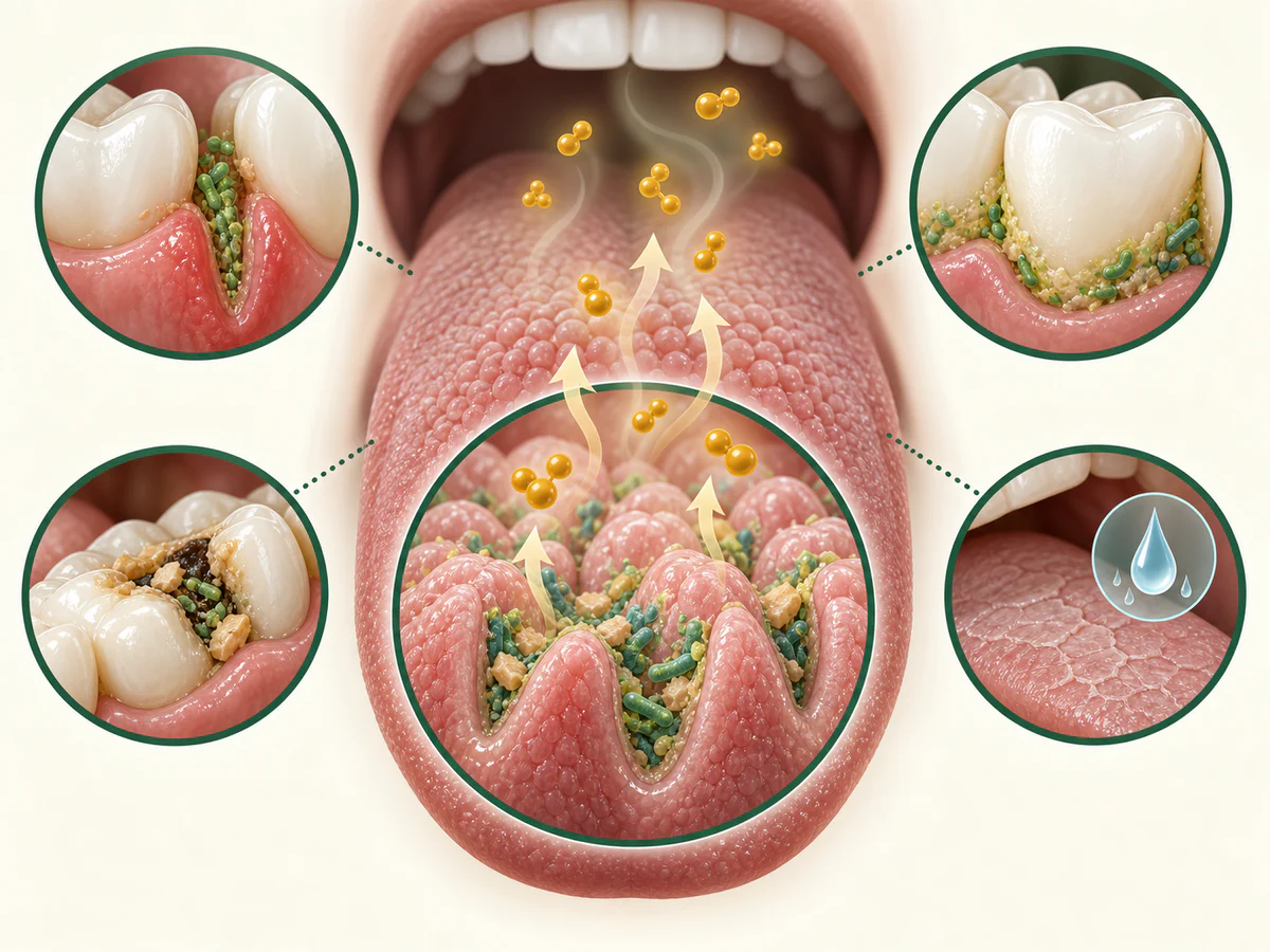 Der Zungenrücken hält Biofilm und Proteinreste, die Schwefelmoleküle in die Atemluft freisetzen; Taschen, Plaque, retentive Karies und Mundtrockenheit tragen bei.