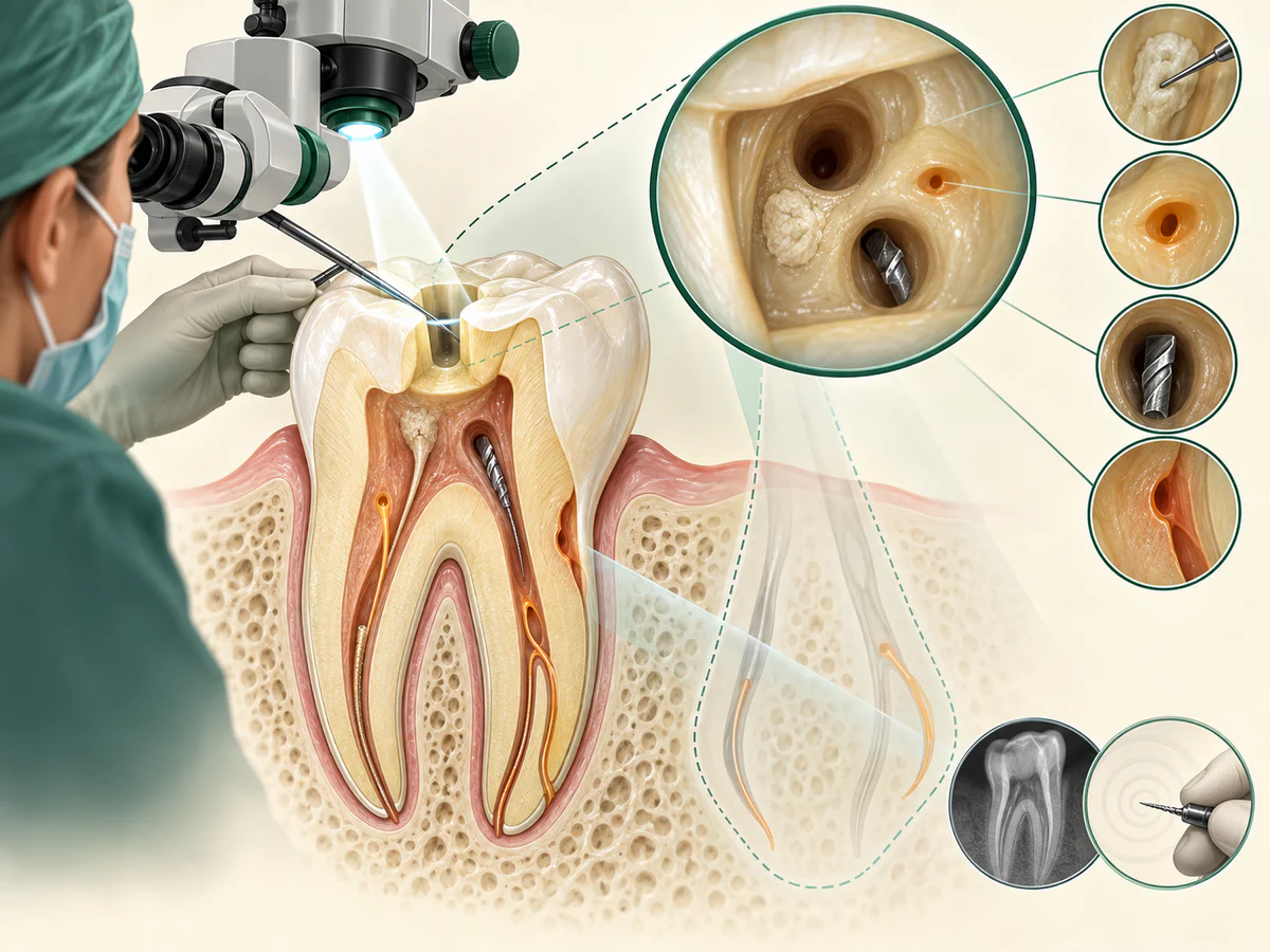 Une molaire en coupe révèle sous le microscope un canal accessoire, une entrée calcifiée, un fragment d’instrument et une zone à risque de perforation, tandis qu’une radiographie et le toucher complètent la vision directe.