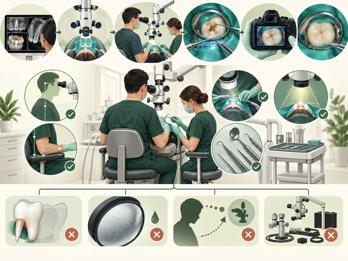 Le soin au microscope relie imagerie, installation du patient, posture droite et coudes soutenus, travail à quatre mains, digue, miroir et instruments fins, photographie puis contrôle, avec limites de visibilité, buée, apprentissage et installation.