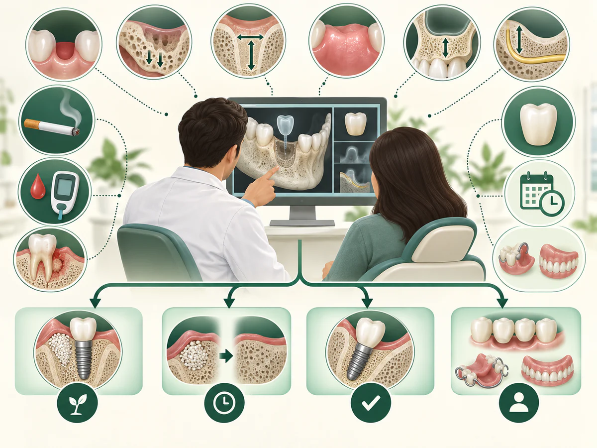 Dentiste et patiente examinent la mâchoire tridimensionnelle et la future couronne ; autour figurent site et cause de perte, volume, gencive, sinus ou nerf, tabac, diabète, infection, préférences et quatre options équilibrées.