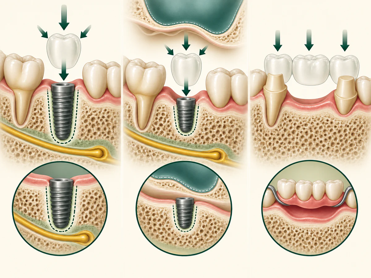La même crête édentée est comparée à une implantation standard avec enveloppe osseuse et nerf protégé, à un implant plus court sous sinus selon les contraintes, puis à un bridge ou une prothèse amovible sans implant.