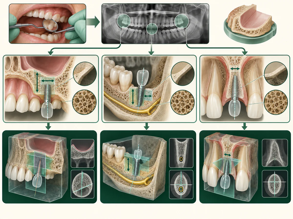Examen et panoramique se ramifient vers trois sites en trois dimensions : molaire supérieure sous le sinus, molaire inférieure au-dessus du nerf et crête antérieure étroite, avec guides de hauteur, largeur et axe prothétique.