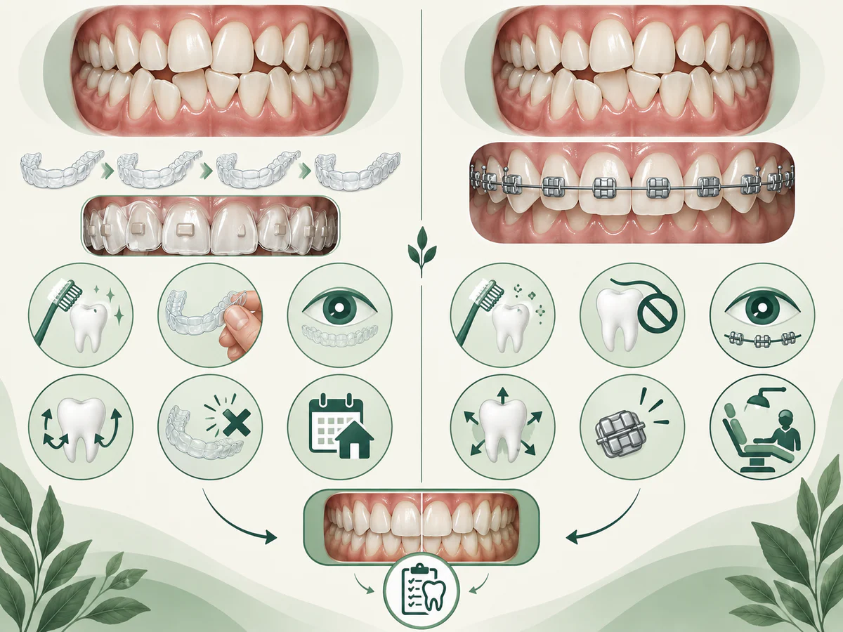Zwei vergleichbare Bögen nutzen herausnehmbare Aligner mit Attachments und Mitarbeit oder Brackets und Drähte; Symbole vergleichen Hygiene, Sichtbarkeit, komplexe Kontrolle und Zwischenfälle.