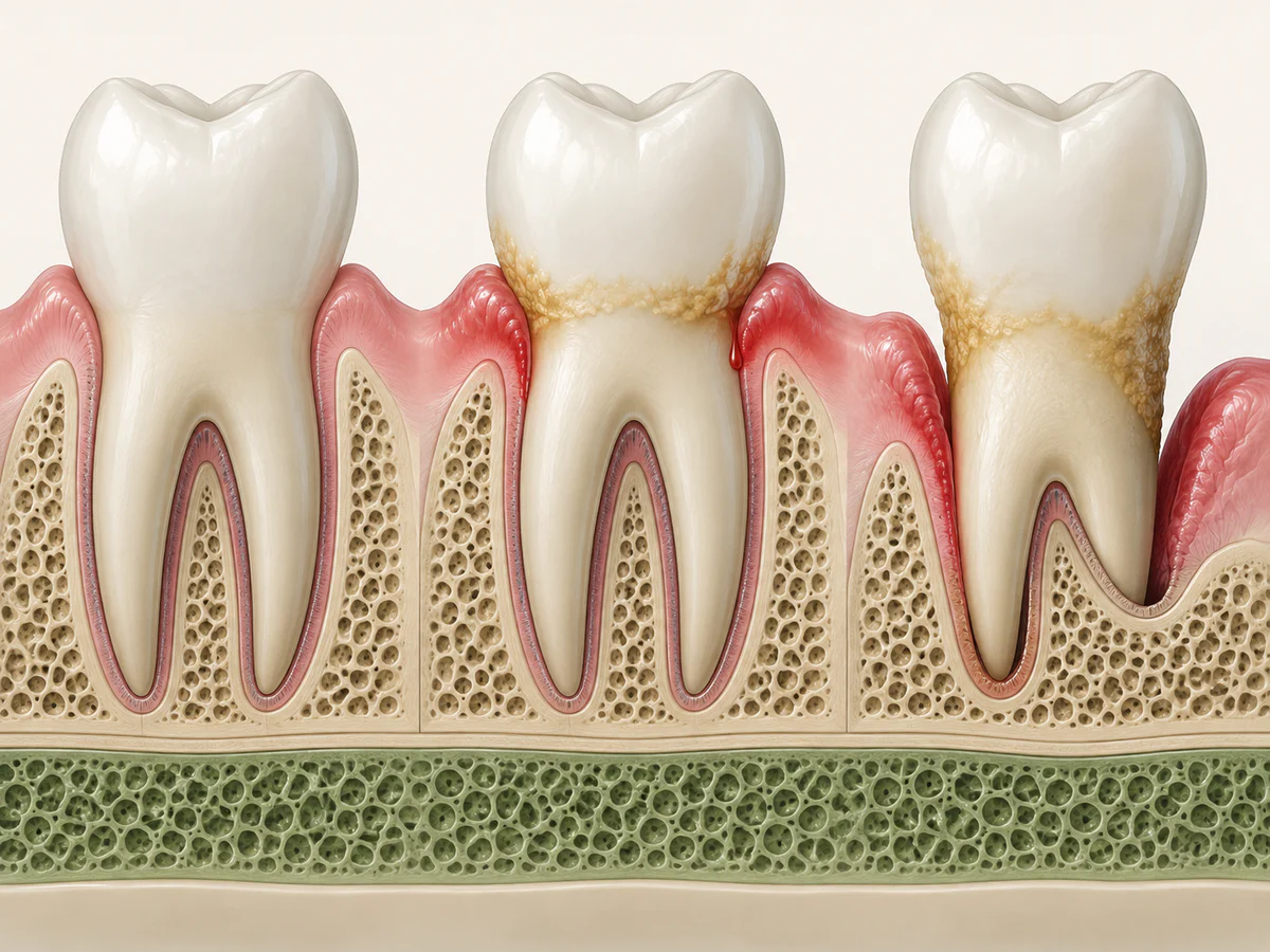 Three aligned sections show healthy gum and stable bone, red gingivitis with plaque and bleeding but no attachment loss, then periodontitis with deep pocket, attachment migration and supporting bone loss.