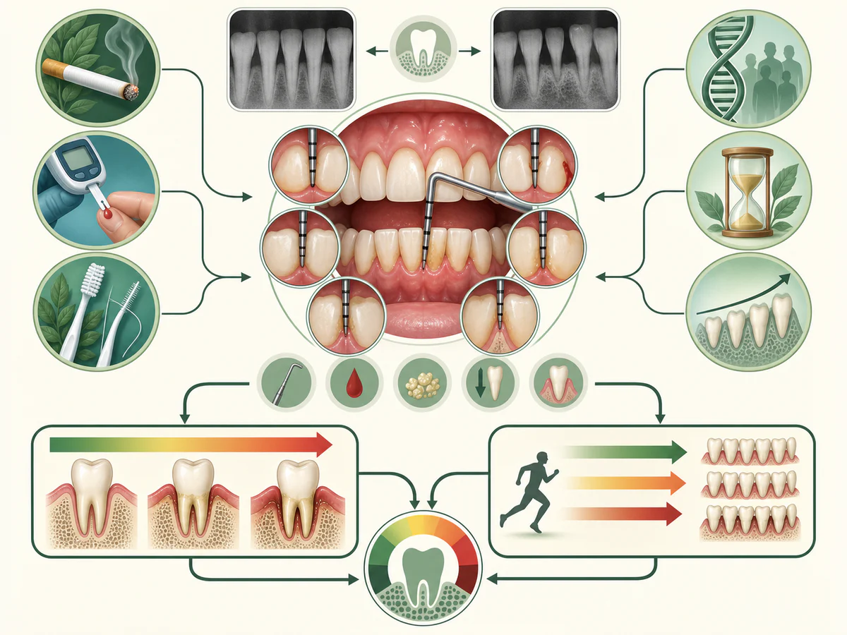 Multi-site periodontal examination combines pockets, bleeding, plaque, mobility and recession with radiographic comparison; smoking, diabetes, hygiene, susceptibility, age and progression modify severity and rate.