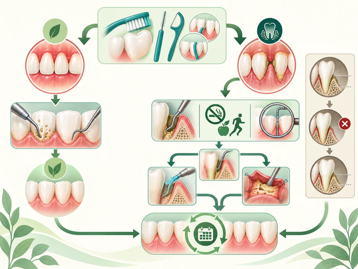 The ladder starts with brushing and interdental cleaning; gingivitis proceeds to professional cleaning and health, while periodontitis adds subgingival debridement, risk control, reassessment, possible targeted care and maintenance.