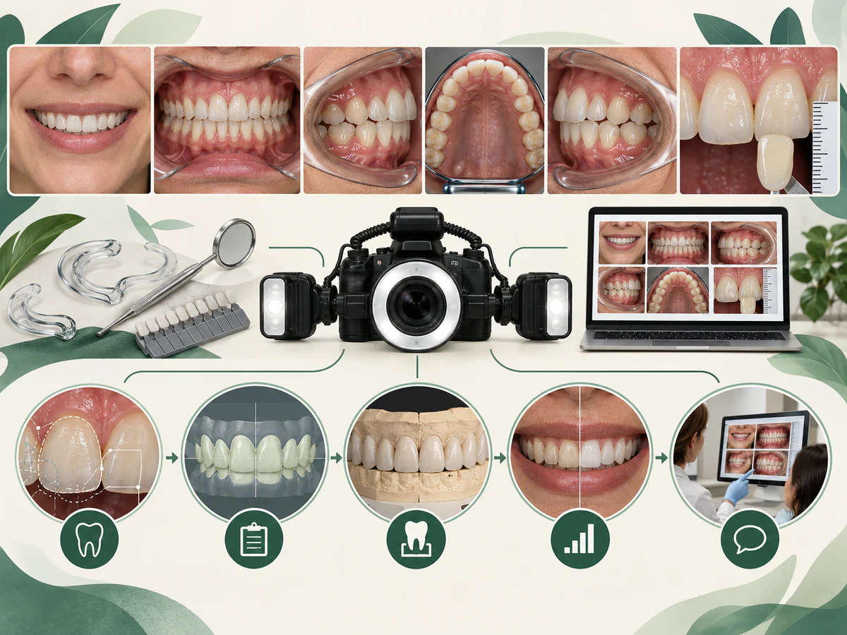 Série standardisée de vues du sourire, de face, latérales, occlusales et de teinte, reliée à la documentation, au diagnostic, à la planification et aux échanges avec le laboratoire.