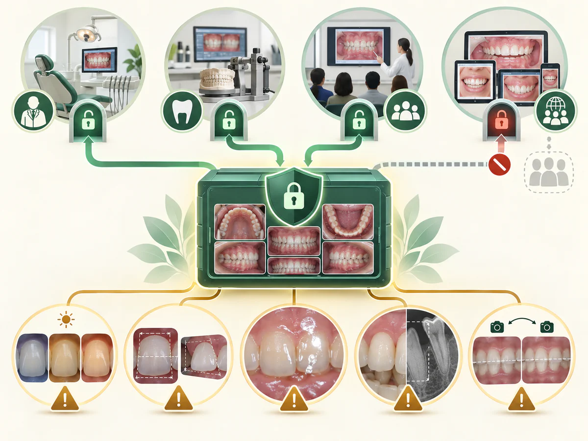 Dossier sécurisé d’images dentaires distribué vers soins, laboratoire et enseignement selon des autorisations distinctes, tandis que la publication reste fermée ; cinq vignettes montrent les limites techniques.