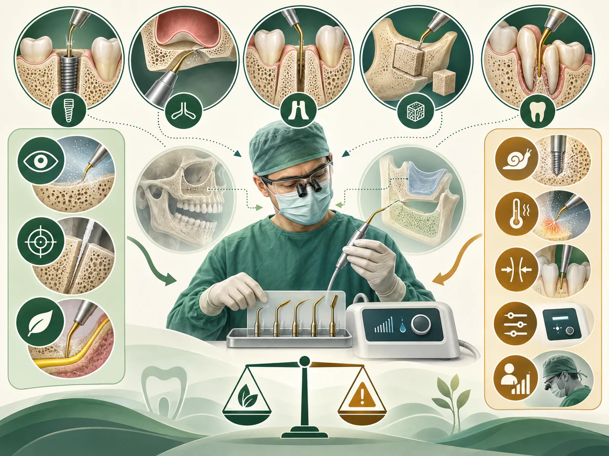Chirurgien choisissant un embout autour de cinq indications osseuses, avec bénéfices possibles de visibilité et précision à gauche et limites de lenteur, chaleur, accès et apprentissage à droite.