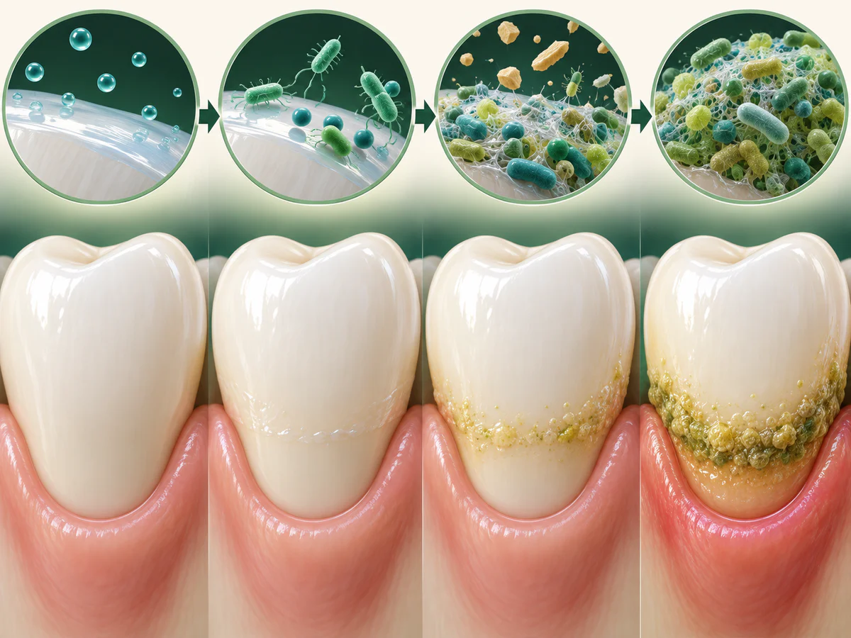 De l’émail propre à une pellicule salivaire colonisée par des bactéries, puis à une matrice collante et un biofilm mature au bord gingival.