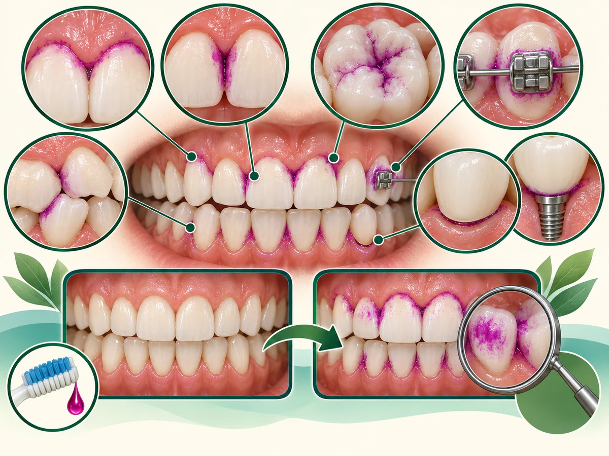 Révélateur coloré montrant la plaque au collet, entre les dents, dans les sillons, autour de bagues, couronnes et implants.