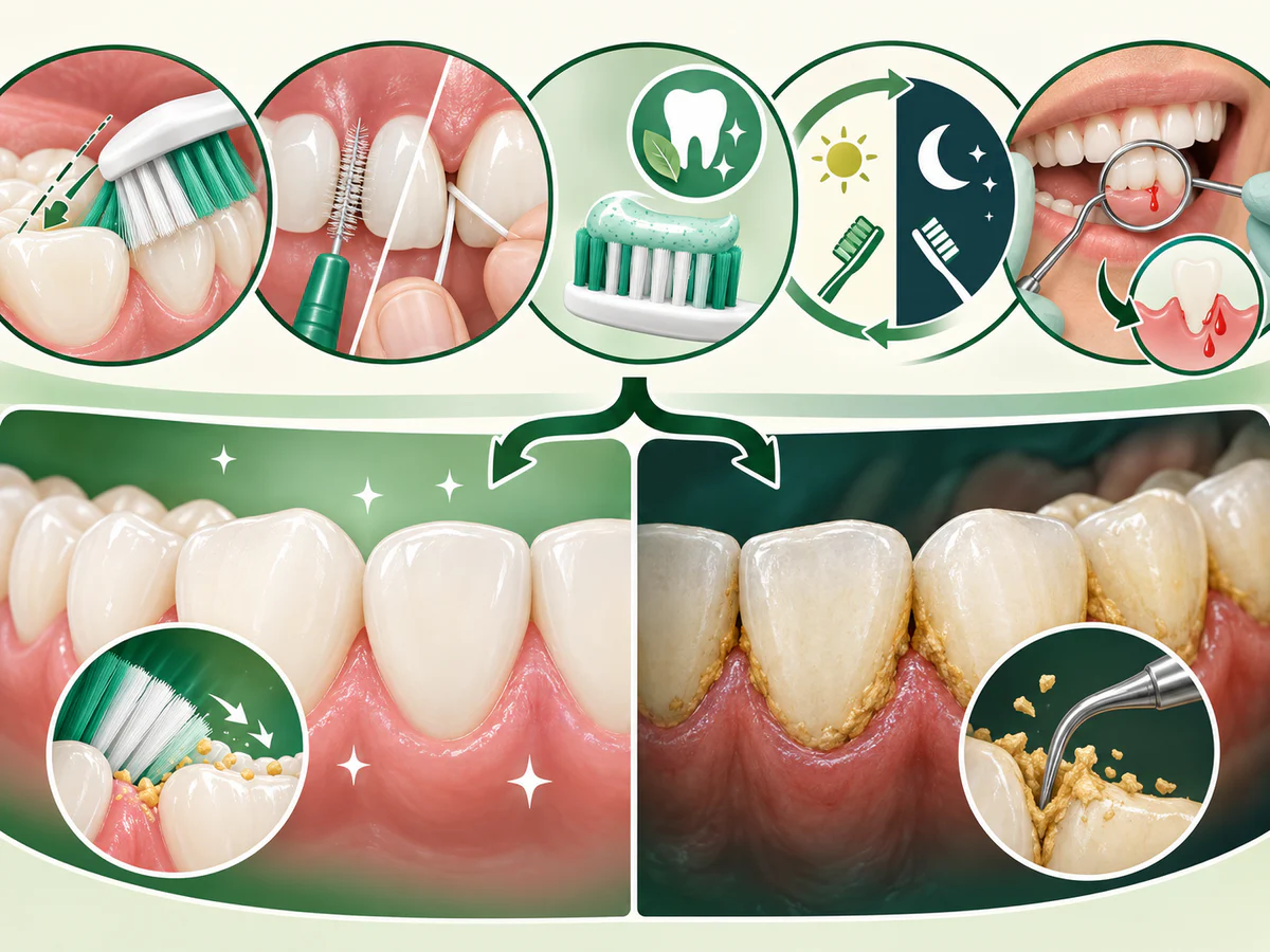 Brosse souple inclinée au collet, brossette ou fil interdentaire et dentifrice fluoré retirant la plaque, tandis que le tartre dur nécessite un détartrage.