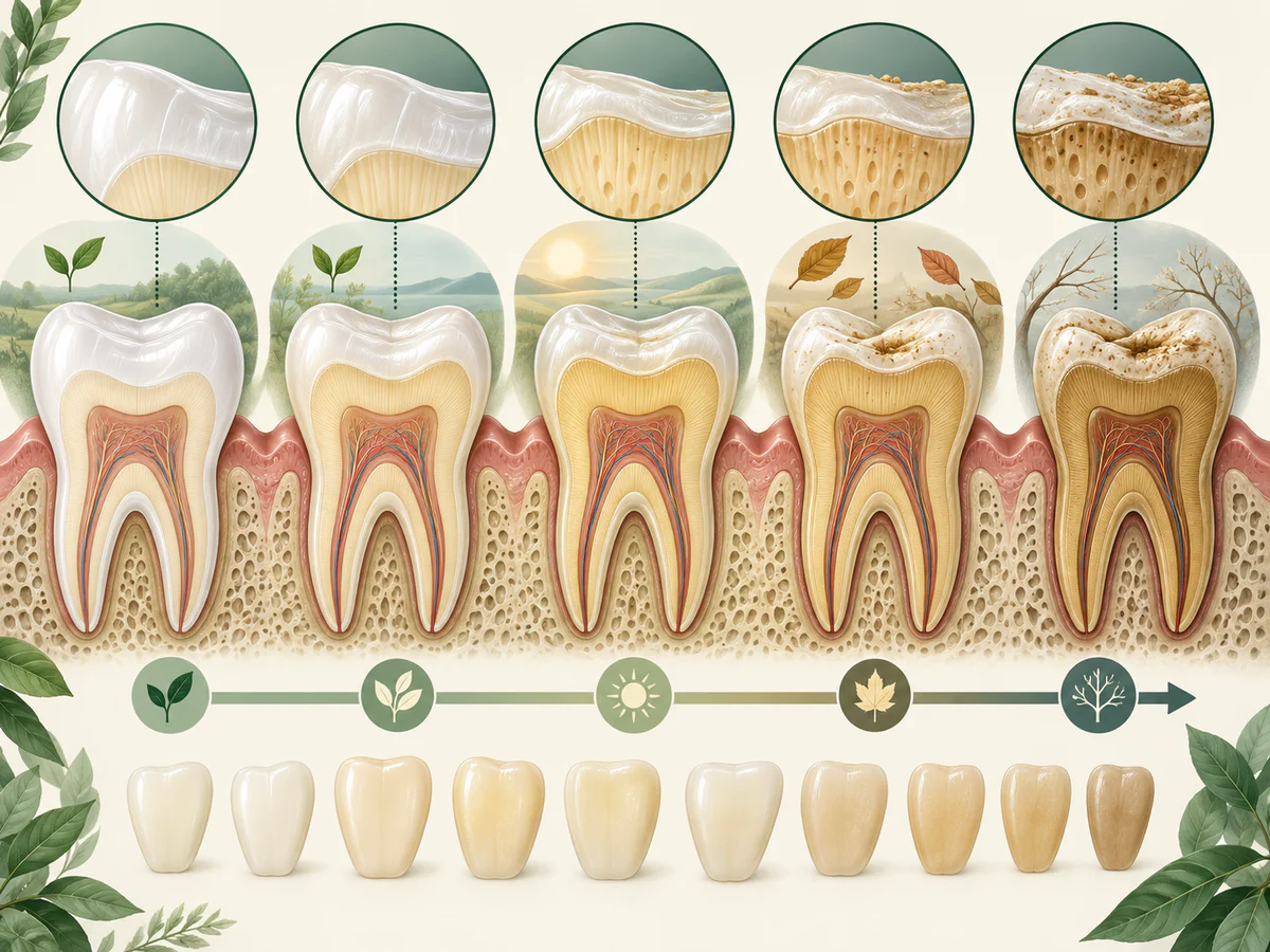 Dents en coupe au fil du temps montrant l’émail translucide qui s’amincit, la dentine naturellement jaune qui fonce et l’accumulation de colorations de surface.